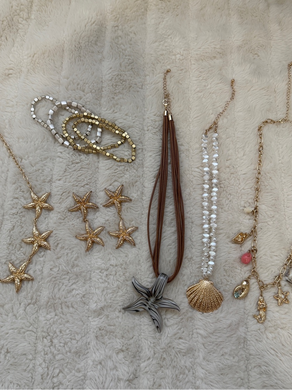 Gold Starfish & Shell Pendant Necklace, bracelets, earrings bundle